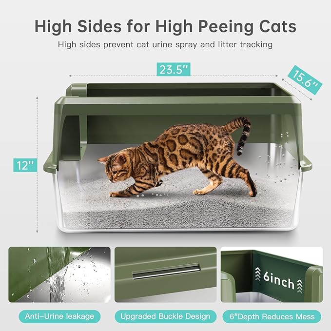 Enclosed Stainless Steel Cat Litter Box with Lid, XL Extra Large Litter Box for Big Cats, Metal Litter Pan High Sided, Never Absorbs Odors, Anti-Urine Leakage, Include Scoop (Green)-Mewly Pet