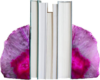 AMOYSTONE 4-6 Lbs Pink Book Stopper 1 Pair with Rubber Buffers Agate Bookends for Heavy Books Office Home Shelves Decoration