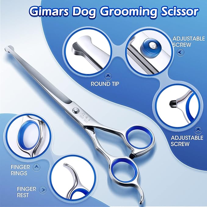 Gimars Professional 5 in 1 Grooming Scissors for Dogs 4CR with Safety Round Tip, Heavy Duty Titanium Coated Straight & Thinning & Curved Shears-Mewly Pet