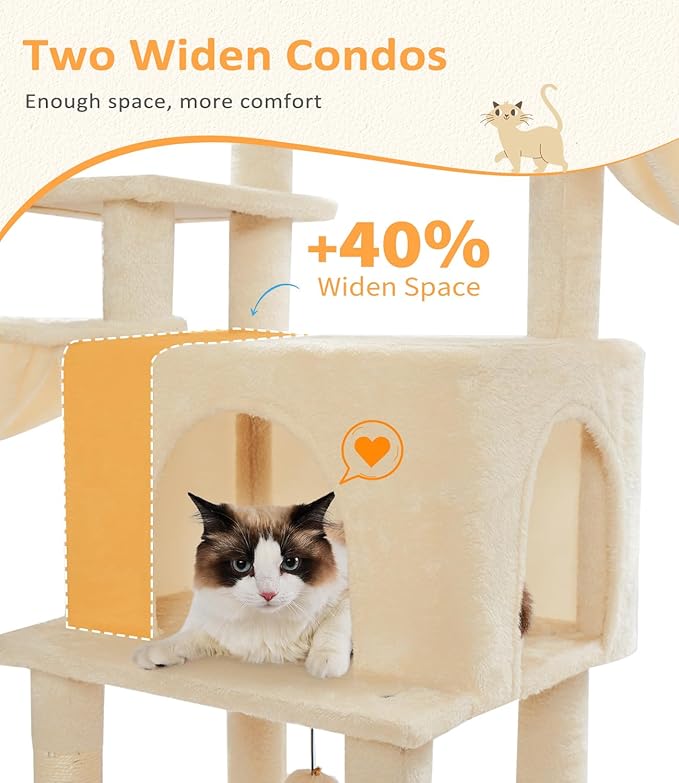 Cat Tree Large Cat Tower Tree 68" Multi-Level Cat Tower for Indoor Cats with Sisal Scratching Posts, Widen Cat Perche, Square Hammock, 2 Widen Condos, Scratching Posts, Beige-Mewly Pet