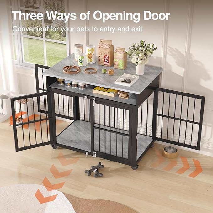 39.4" Dog Crate Furniture for Medium and Large Breed, Dog Kennel Furniture with Storage Shelf & Lockable Wheels, Heavy Duty Wooden End Side Table Pet Cage Indoor, Chew-Resistant, Grey-Mewly Pet