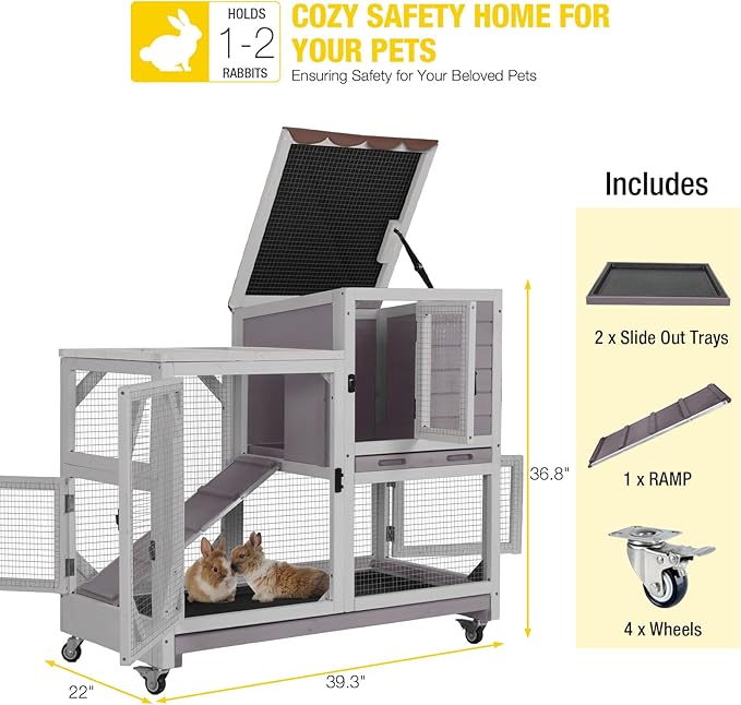 AIVITUVIN 2-Story Rabbit Hutch Indoor for 2-4 Rabbits & Guinea Pigs Wooden Small Animal Cage Guinea with Chew-Proof Design & Slide-Out Trays Bunny Cage with Lockable Wheels-Mewly Pet