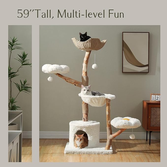 PAWZ Road Cat Tree for Indoor Cats Large Adults, 59 Inches Modern Cat Tower with Large Basket and Hammock, Natural Solid Wood, Luxury Condo & Dual Perches, Modern Cat Furniture for Big Cats, White-Mewly Pet