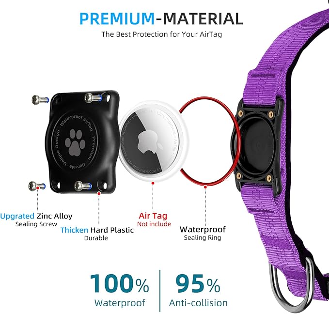 Upgraded AirTag Dog Collar, IP68 Waterproof Air Tag Dog Collar Holder, Reflective, Ultra-Durable, Comfortable Padded, Heavy Duty Dog Collars for Small Medium Large Dogs (XS (10.25"-13"), Purple)-Mewly Pet
