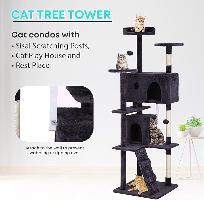 FDW Cat Tree 70in Cat Tower Multi-Level Durable Cat Scratching Post & Cozy Fun Cat Jumping Platform Space Saving Cat Condo Pet Play House for Indoor Cats,Ashy-Mewly Pet