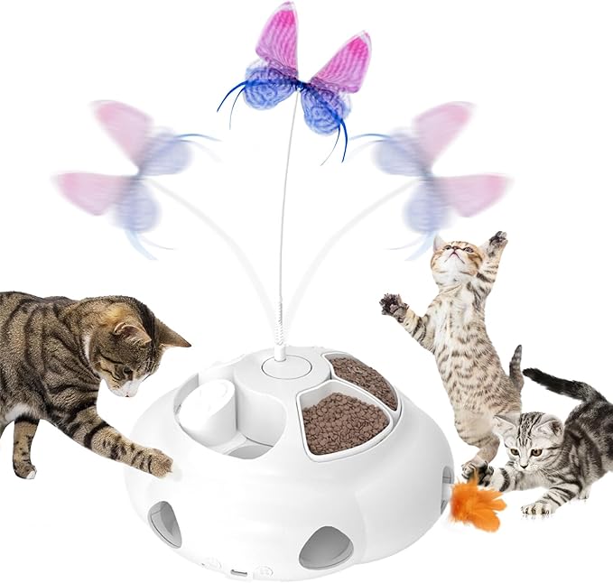 Interactive Cat Toys for Indoor Cats, 4in1 Pet Teaser Toy with Ambush Feather Wand, Motorized Fluttering Butterfly and Slow Feeder, Rechargeable Power Treat Puzzle Toys(White)-Mewly Pet