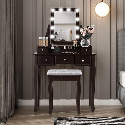 CHARMAID LED Vanity Desk with Lighted Mirror, 10 Dimming Bulbs, 5 Drawers, 3 Storage Organizers, Makeup Vanity Desk with Stool, Bedroom Dressing Table, Gift for Girls Women (Espresso)