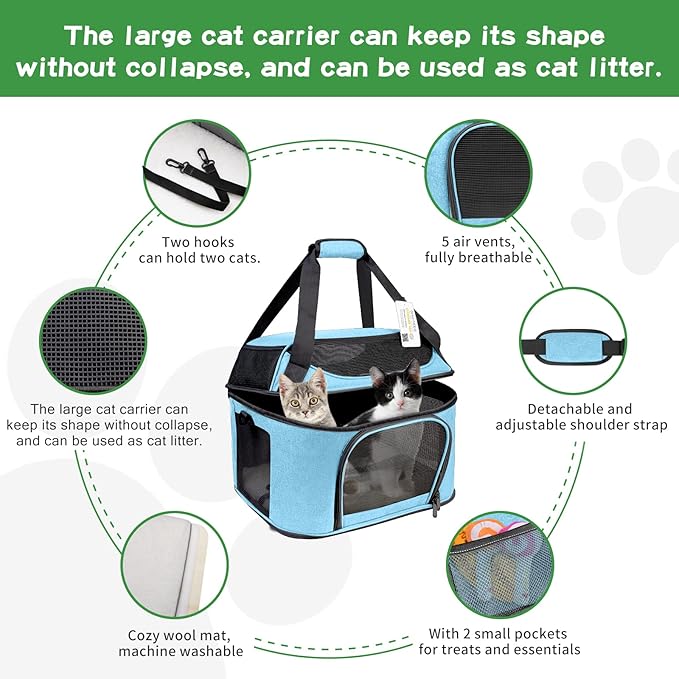 Large Cat Carrier for 2 Cats Soft Side Pet Carrier for Kitten Small Dog Collapsible Travel Small Dog Carrier, TSA Airline Approved Carrier for Large Cats 20 lbs, Blue-Mewly Pet