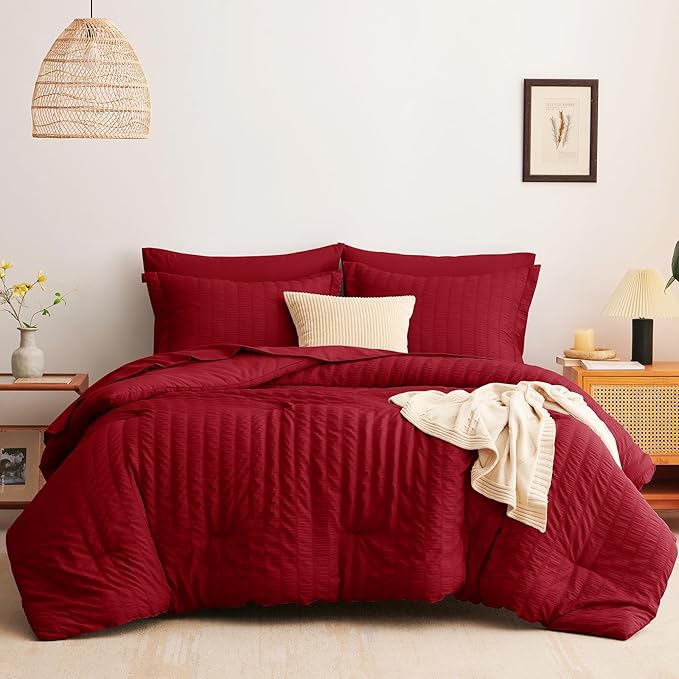 CozyLux King Size Comforter Set Dark Red Seersucker 7 Pieces Bed in a Bag King Comforter Set with Sheets, Luxury Bedding Sets with Down Alternative Comforter, Sheets, Pillowcases & Shams All Seasons