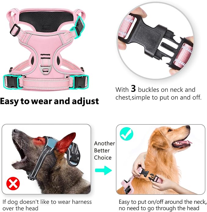 Timos Dog Harness, 3 Snap Buckles No-Pull Soft Padded Dog Vest with 2 Metal Leash Clips, Adjustable Reflective No Choke Pet Harness with Easy Control Handle for Medium Dogs,Pale Pink,M-Mewly Pet