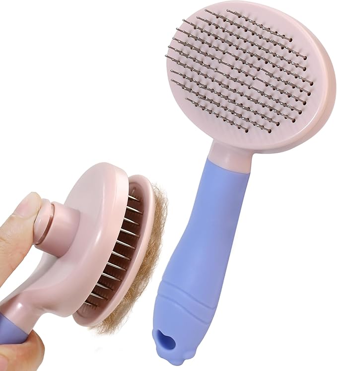 Pet Self-Cleaning Slicker Brush for Dogs & Cats, Deshedding Grooming Comb, Removes Loose Undercoat Hair & Mats, Skin-Friendly Massaging Tool for Long/Short Fur, Large & Small Breeds (Purple)-Mewly Pet