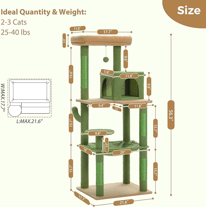 PETEPELA 56.3'' Tall Cat Tree for Indoor Cats, Cactus Cat Tower with Super Large Hammock (20''X16''), Sisal Covered Scratching Posts, Cozy Condo and Top Perch Green-Mewly Pet