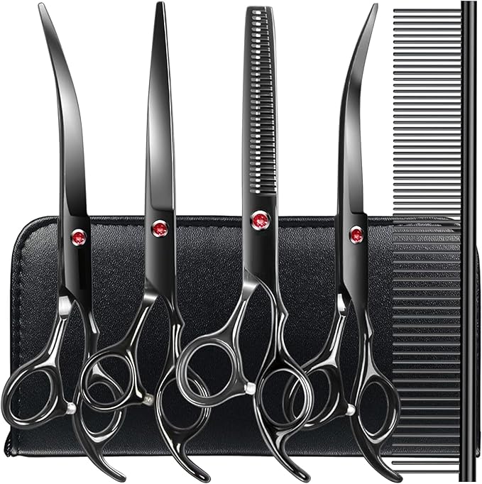 Professional Dog Grooming Scissors Kit Black 6 in 1, Dog Shears for Grooming 6CR Premium Stainless Steel Grooming Scissors Kit for Dogs Cat Pet-Mewly Pet