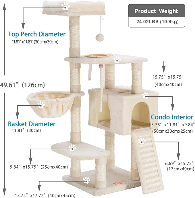 Heybly Cat Tree, Cat Tower for Indoor Cats with Scratching Board, Multi-Level Cat Furniture Condo with Feeding Bowl, Beige HCT010M-Mewly Pet