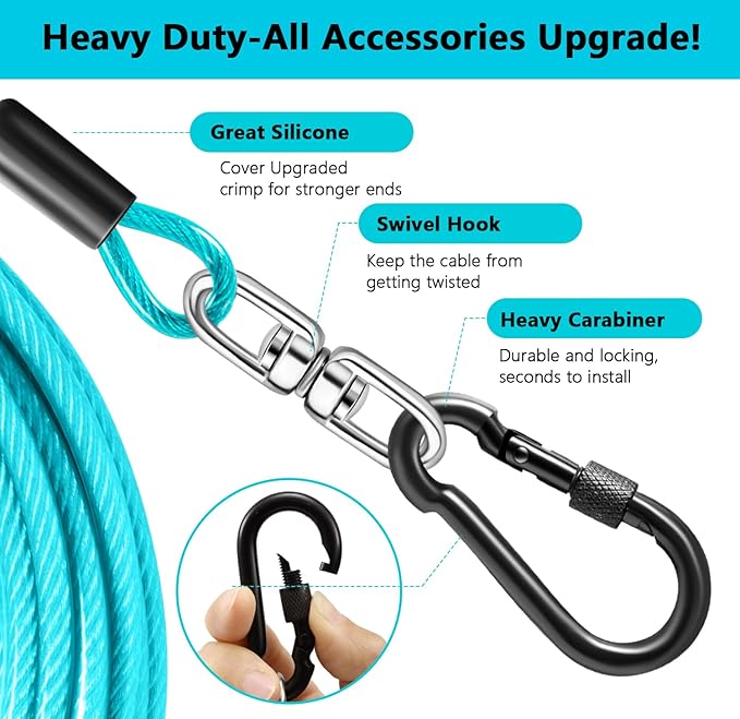 Dog Tie Out Cable 50FT-500Lbs,Heavy Duty Dog Leads Line for Yard with Swivel Hook,Medium Large Dogs Leash&Chains for Outside,Rust Chew Proof Dogs Run Cable for Outdoor Camping(Teal, 50FT)-Mewly Pet