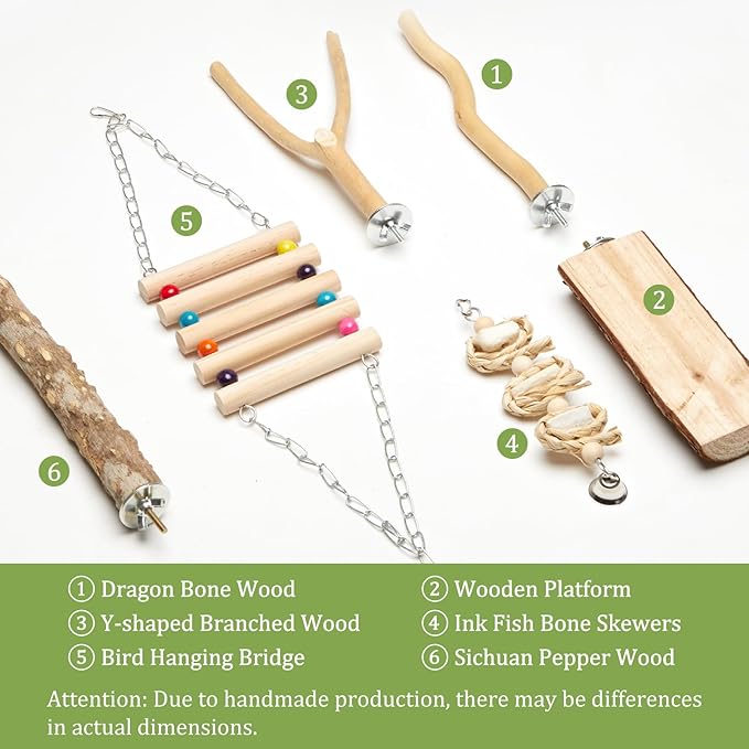 Bird Perches for Cage 6pcs Natural Bird Stand Branch for Cage with Hanging Bridge, Parrot Swing Toys Chewing Climbing Standing Branches Wood Pole Paw Grinding Fork Parakeet Platform-Mewly Pet