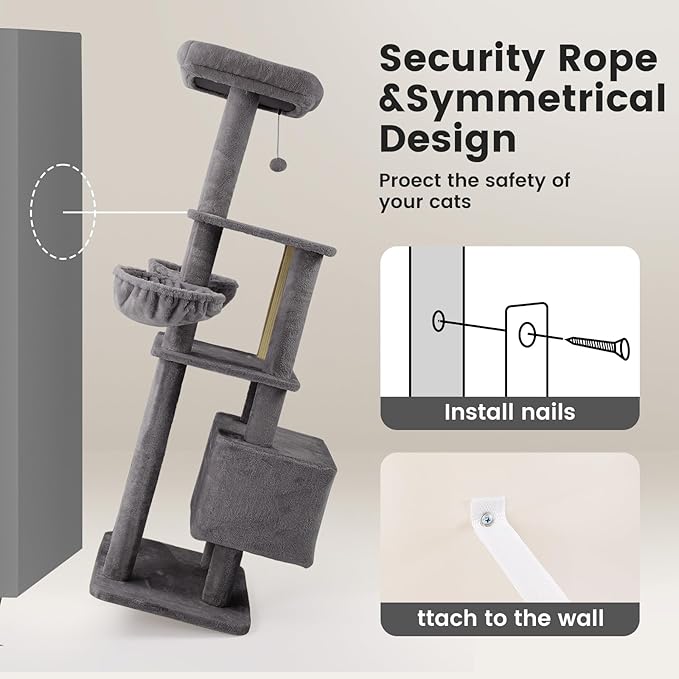 Gardner Pet 65in Heavy Duty Cat Tree Tower for Large Cats, Multi-Level Cat Furniture with Replaceable Sisal Scratching Post, Hammock | Extra-Large Platform & Condo (Upgraded Grey)-Mewly Pet