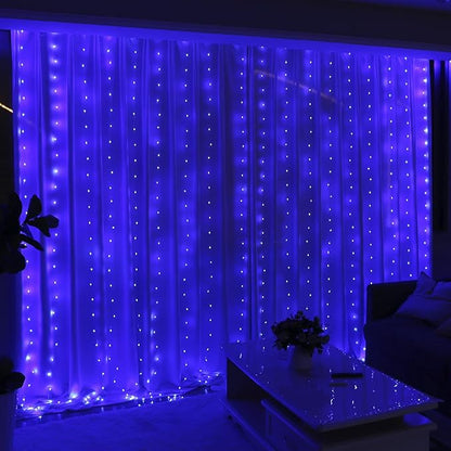 HXWEIYE 300LED Fairy Curtain Lights, 9.8x9.8Ft USB Plug-in 8 Modes Christmas String Hanging Lights with Remote for Bedroom Backdrop Wedding Party Indoor Wall Decor, Blue, Tangle-Free