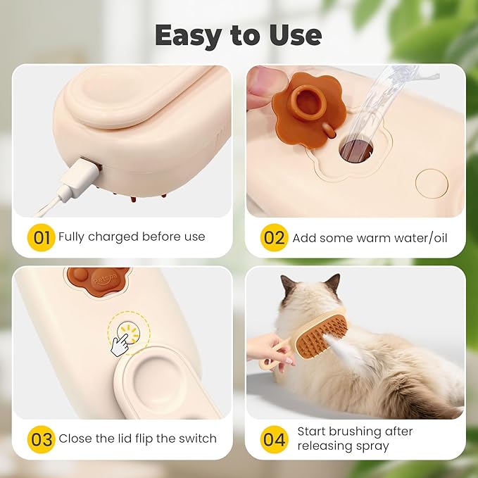Cat Steam Brush for Shedding, 4 in 1 Rechargeable Steam Brush for Cats and Dogs, Anti-Static, Massage, flea comb for cats& Pet Removal Hair Glove,Shedding & Combing All In One!-Mewly Pet