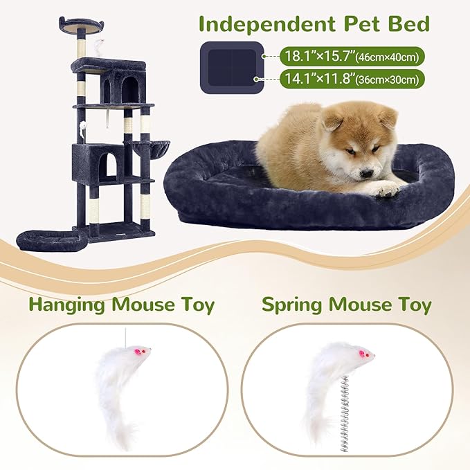 Globlazer Heavy Duty Cat Trees for Large Cats, Sturdy 72in Maine Coon Cat Tree for Large Cats 20 lbs+ Heavy Duty Cat Tower for Adult Biggest Cat with 6 Scratching Posts, Hammock, S72, Smoky Gray-Mewly Pet