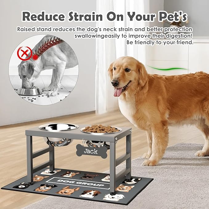 Elevated Dog Bowls, 10" Tall Height, Raised Bowl Stand with 2 Stainless Steel Food Feeder Bowls (58oz) and Spill-Proof Mat for Medium Large and Small Breeds, Grey-Mewly Pet