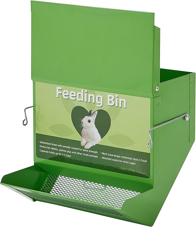 Metal Small Animal Feeder with Lid, Heavy Duty, Large Capacity Food Dispenser, Great for Rabbits, Guinea Pigs, Chinchillas and Other Small Animals (7.4 inch, Green)-Mewly Pet