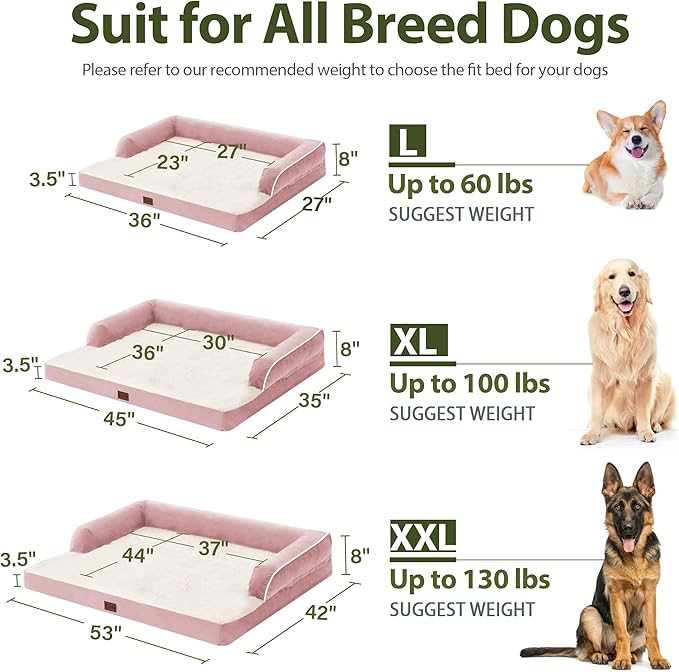 Orthopedic Dog Beds for Large Dogs, Waterproof Dog Beds, Memory Foam Dogs Couch Beds, Comfy Bolster Pet Beds with Removable Washable Cover, Nonskid Bottom (Large,Pink)-Mewly Pet