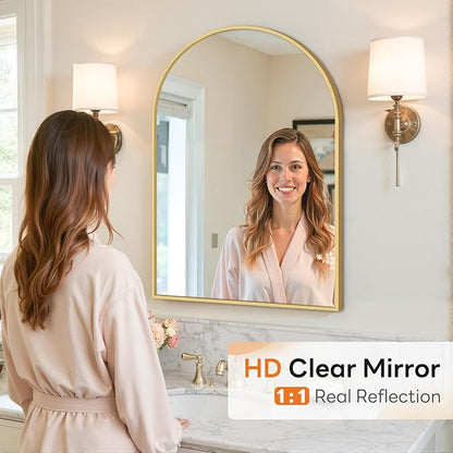 Sweetcrispy Arched Bathroom Mirror 30x20.5 Inch Gold Metal Framed Arch Vanity Mirror for Wall, Over Sink, Farmhouse, Restroom, Anti-Rust, Modern Decorative, Hanging or Leaning