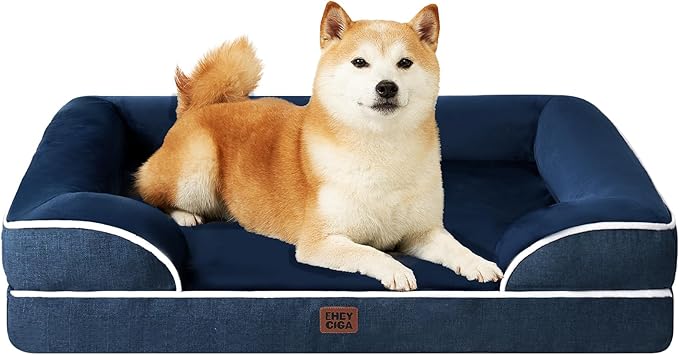 EHEYCIGA Orthopedic Dog Beds for Large Dogs, Waterproof Memory Foam Large Pet Bed with Sides, Non-Slip Bottom and Egg-Crate Foam Dog Couch Bed with Washable Removable Cover, Navy-Mewly Pet