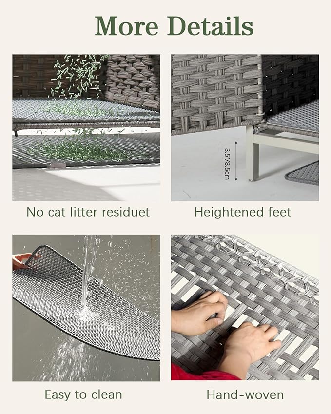 Cat Litter Box Enclosure Furniture with Divider, Handwoven Rattan Litter Box with Mat, 31.2 x 19.6 x 24.2 Inches, Metal Heightened Feet, Hidden Cat House for Living Room, Bedroom (Gray)-Mewly Pet