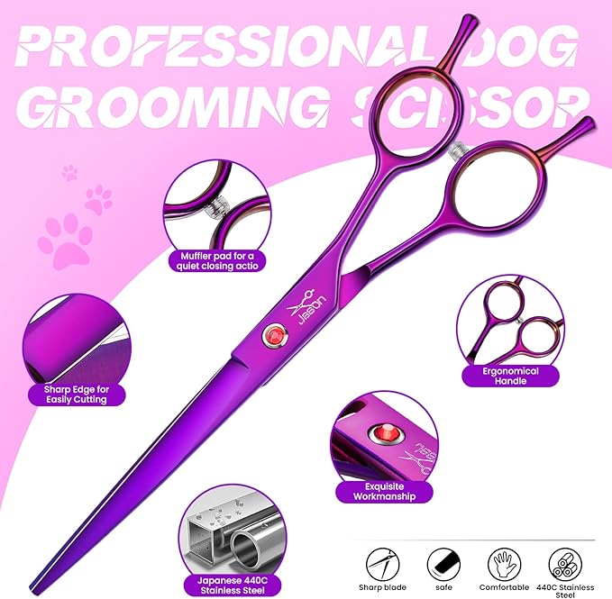 JASON Dog Grooming Scissors Kit, Professional 6 in 1 Dog Scissors Sharp Shears Set - Straight, Thinning, Chunker, Curved Shears and Comb for Long Short Hair for Dog Cat Pet-Mewly Pet