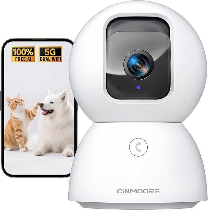 3K Pet/Dog/Cat Camera with Phone App, No-Subscription Local Person/Pet/Face Detection, 5G Security Camera Indoor, PTZ WiFi Cameras for Home Security, 0-Glow Night Vision, Full Duplex Audio-Mewly Pet