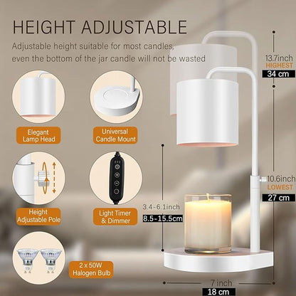 Candle Warmer Lamp 2 Pack Adjustable Height Dimmable Candle Lamp Warmer with Timer Compatible with Large Jar Candles No Flame Scented Candle Warmer with 2 Bulbs Mothers Day Gift -White