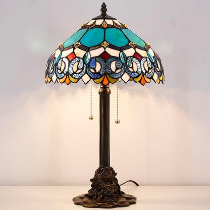 Tiffany Stained Glass Table Lamp 12X12X21Inch Resin Base Desk Bedroom Living Room Reading Light (Blue Jewelry Baroque)