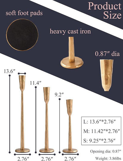 Gold Iron Taper Candle Holder Set of 3, Heavy Wrought Iron Candlestick Holders Decorative Candle Stand, Vintage Candle Holder for Wedding, Dining, Home Decoration