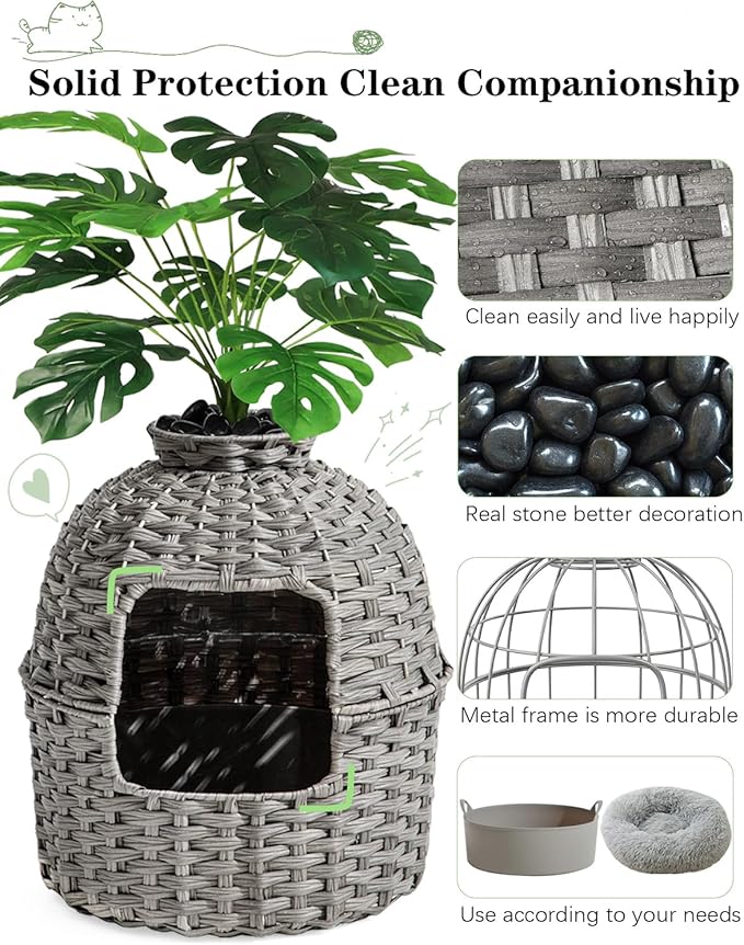 Cat Litter Box Plant Enclosure, Hidden Handwoven Rattan with Cat Litter Box Furniture and Artificial Plants, Odor Control Filter, Real Stones in Living Room, Bedroom, Corner (Gray)-Mewly Pet
