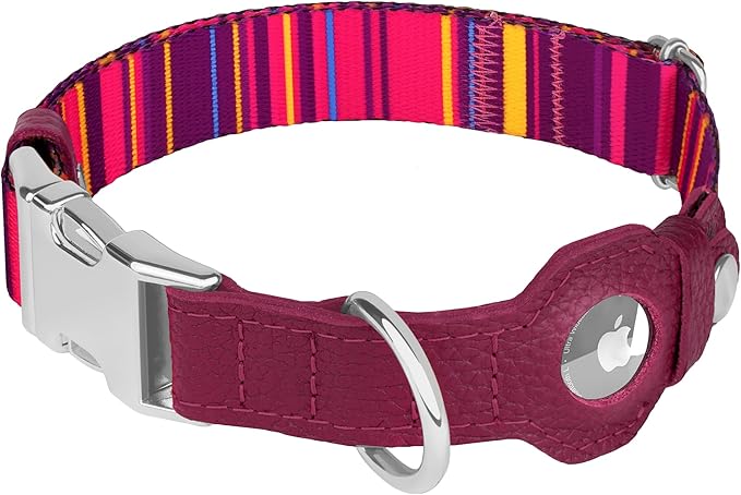 AirTag Dog Collar for Small Medium Large Breed - Adjustable Cute Pattern Dog Collar with Airtag Holder - Soft Leather Tracker GPS Apple Air Tag Pet Collars (Large, 17"-21" Neck Fit, Striped)-Mewly Pet