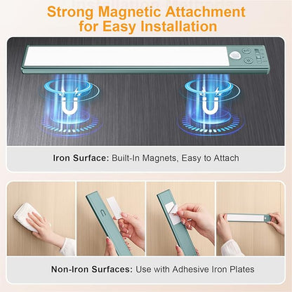 Gritin 10.2inch Under Cabinet Lighting Rechargeable -84 LED Super Bright,3-Color& 5 Level Brightness,4 Modes,Motion Sensor, Long Lasting- Easy Installation Magnetic Closet Lights -2 Pack-Green