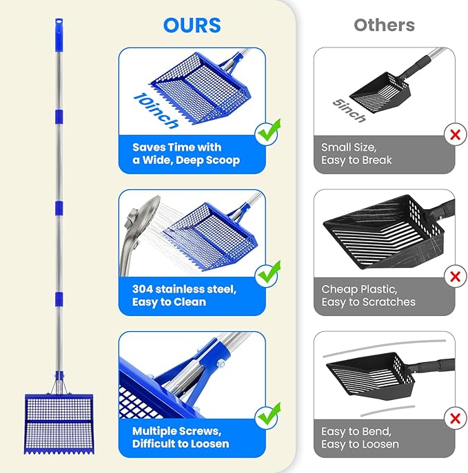 Chicken Poop Scooper Rake 2-in-1, Metal Shovel Head Chicken Coop Accessories, Adjustable 304 Stainless Steel Handle, Litter Scooper Sand Sifting for Chicken Coops Small Farm Animals(36" to 62")-Mewly Pet