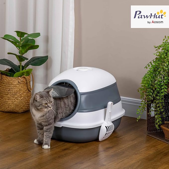 PawHut Cat Litter Box with Lid, Covered Litter Box w/High Sides, Air Freshener, Large Two-Way Entrance Kitty Toilet, Foldable, Easy Clean, White-Mewly Pet