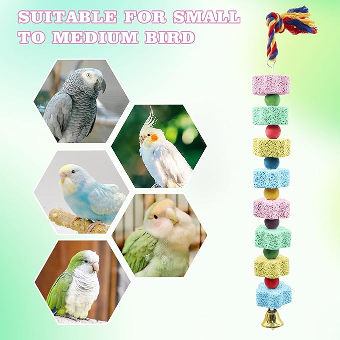2 Pack Mineral Block Chew Toys with Colorful Beads and a Bell, Bird Beak Grinding Stone, Cage Accessories for African Grey, Budgies, Cockatiels, Small to Medium Birds-Mewly Pet