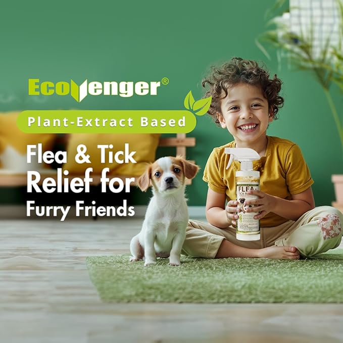 EcoVenger Flea & Tick Removal Spray 16oz for Dogs and Cats, Protects from Fleas, Mites, Ticks & Mosquitoes, eliminates+ Repels+ Housekeeping, Indoors/Outdoors, Plant-Based Formula Safe for Pets & Kids-Mewly Pet