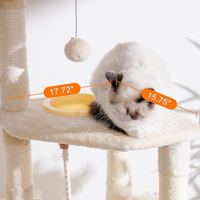 Heybly Cat Tree, Cat Tower for Indoor Cats with Scratching Board, Multi-Level Cat Furniture Condo with Feeding Bowl, Beige HCT010MM-Mewly Pet