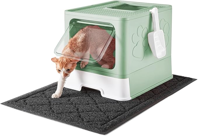 Cat Litter Box with X-Large Litter Mat and Scoop, Large Foldable Litter Box with Lid, Enclosed Kitty Box,Front Top Entry Exit, Odor Control Easy to Clean (Upgrade Green)-Mewly Pet