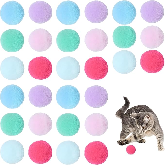 30 Pcs Soft Plush Cat Ball,Cat Toy Balls,Bulk Cats Toys,Puff Balls,Fuzzy Colorful Cats Ball for Pet Playing Exercising-Mewly Pet