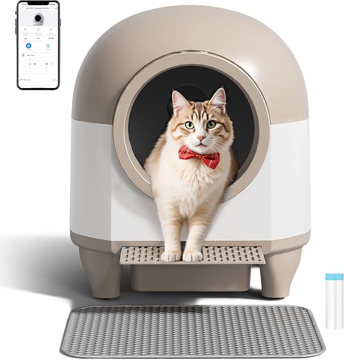 WARCAT Self Cleaning Litter Box Automatic, 90 L Automatic Cat Litter Box for Multiple Cats APP-Controlled with Smart Sensors, Safety Protection,Mat,1 Roll Garbage Bag (Brown)-Mewly Pet