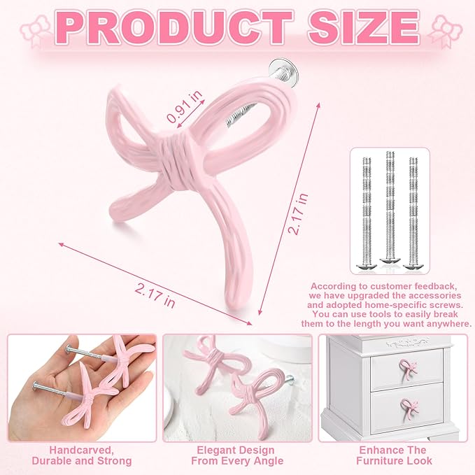 8 Pcs Bow Knobs for Dresser Matel Bow Drawer Knobs Vintage Dresser Handles Cabinet Drawer Pulls for Home Bedroom Kitchen Cabinets Hardware Cupboard (Pink,Classic Style)
