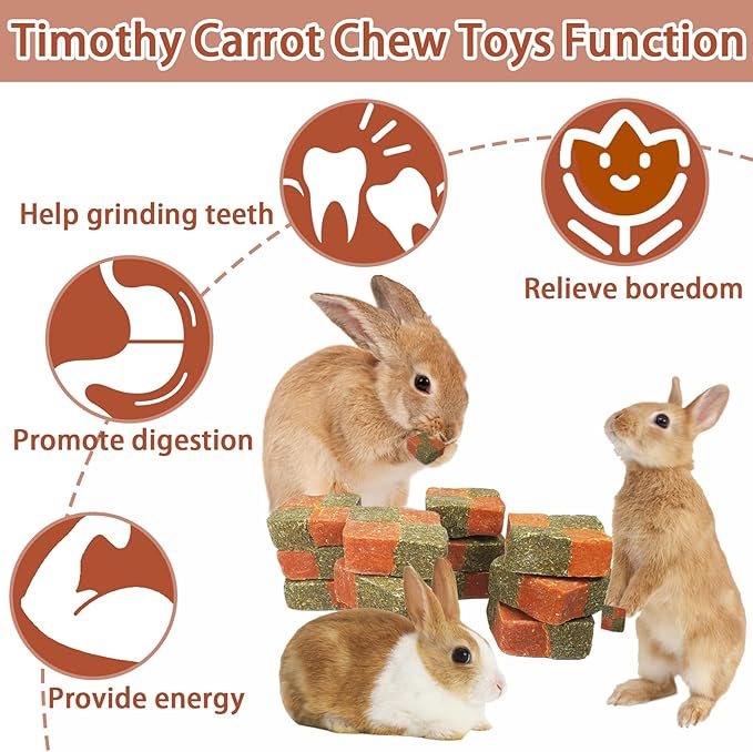 Fhiny 12 PCS Rabbit Carrots Chew Toys, Natural Timothy Hay Biscuit Cubes Rabbit Carrot Molar Treats Small Pet Snacks for Bunny Hamster Chinchilla Guinea Pig or Other Small Animals-Mewly Pet