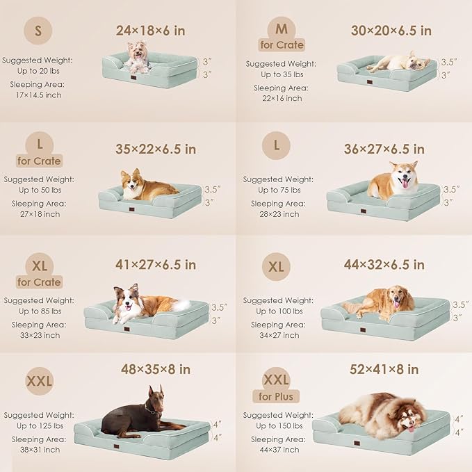 EHEYCIGA Orthopedic Dog Beds for Extra Large Dogs, Waterproof Memory Foam XL Dog Bed with Sides, Non-Slip Bottom and Egg-Crate Foam Big Pet Couch Bed with Washable Removable Cover, Sage Green-Mewly Pet