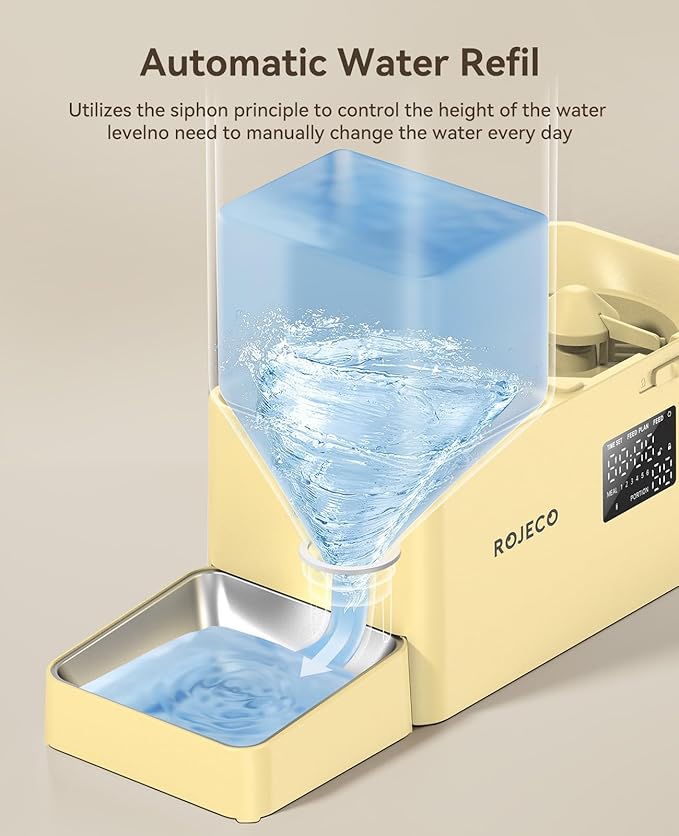 Rojeco 36Cups/8.5L Pet Automatic Cat Feeder and Gravity Water Dispenser,Stainless Steel Bowls 2-in-1 Set Large Capacity 5L Food Feeder and 3.5L Water Fountain for Cats,Pets,Small Dogs,Yellow-Mewly Pet